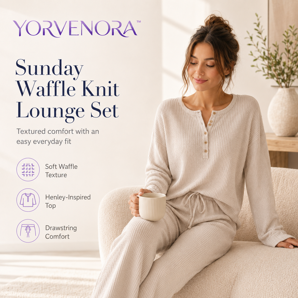 YORVENORA™ Sunday Waffle Knit Lounge Set — Women’s Cozy Henley Top & Relaxed Drawstring Pants