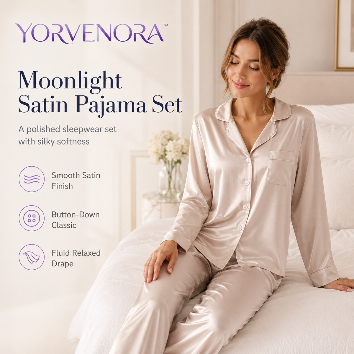 YORVENORA™ Moonlight Satin Pajama Set — Women’s Button-Down Sleepwear, Silky Long Sleeve Top & Pants