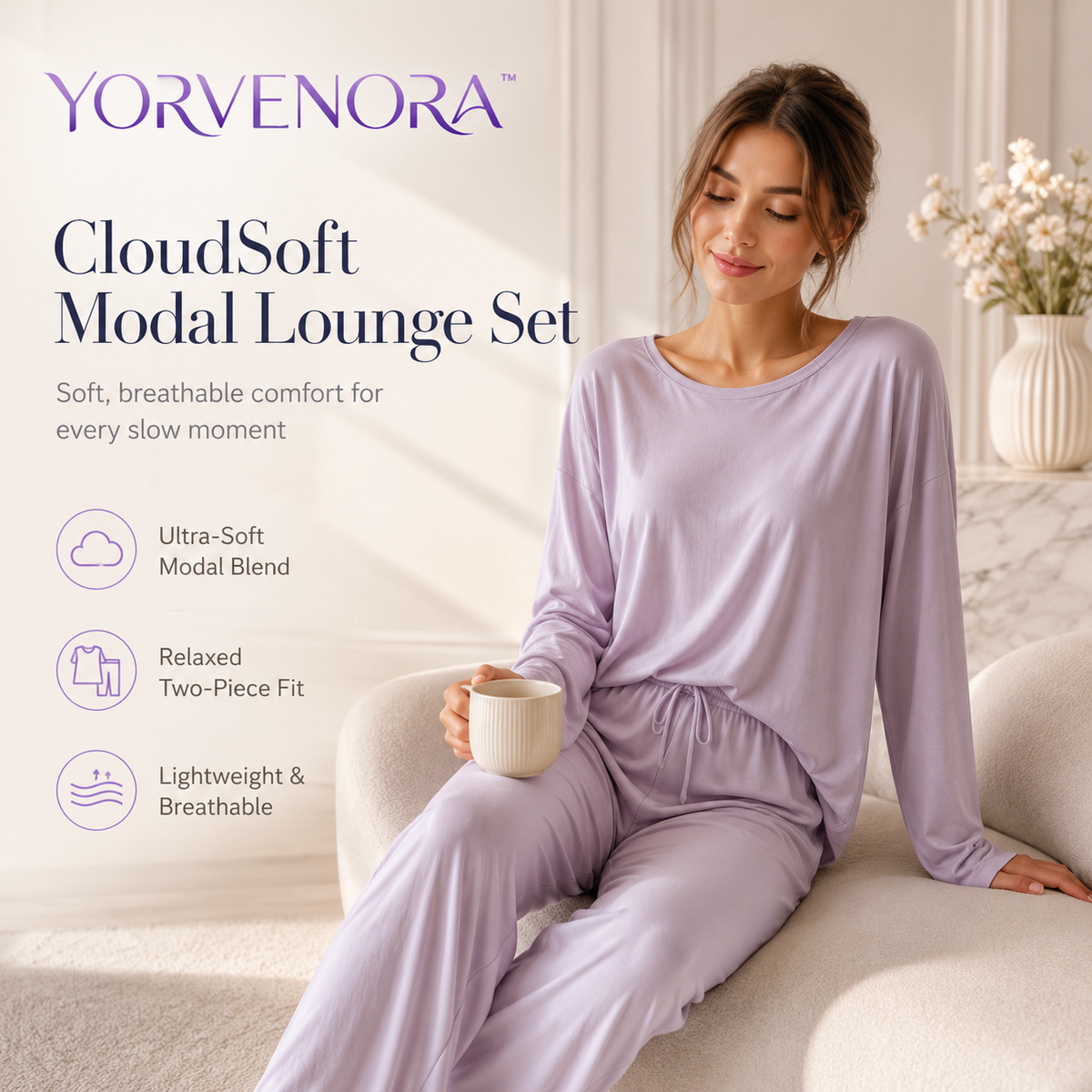 YORVENORA™ CloudSoft Modal Lounge Set — Women’s Relaxed Pajama Set, Long Sleeve Sleepwear & Everyday Loungewear