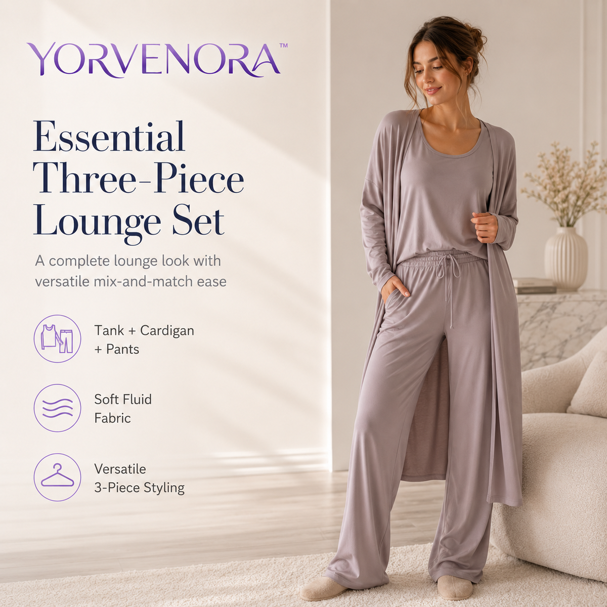 YORVENORA™ Essential Three-Piece Lounge Set — Women’s Tank Top, Relaxed Cardigan & Wide-Leg Pants Set