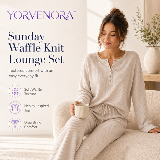 YORVENORA™ Sunday Waffle Knit Lounge Set — Women’s Cozy Henley Top & Relaxed Drawstring Pants