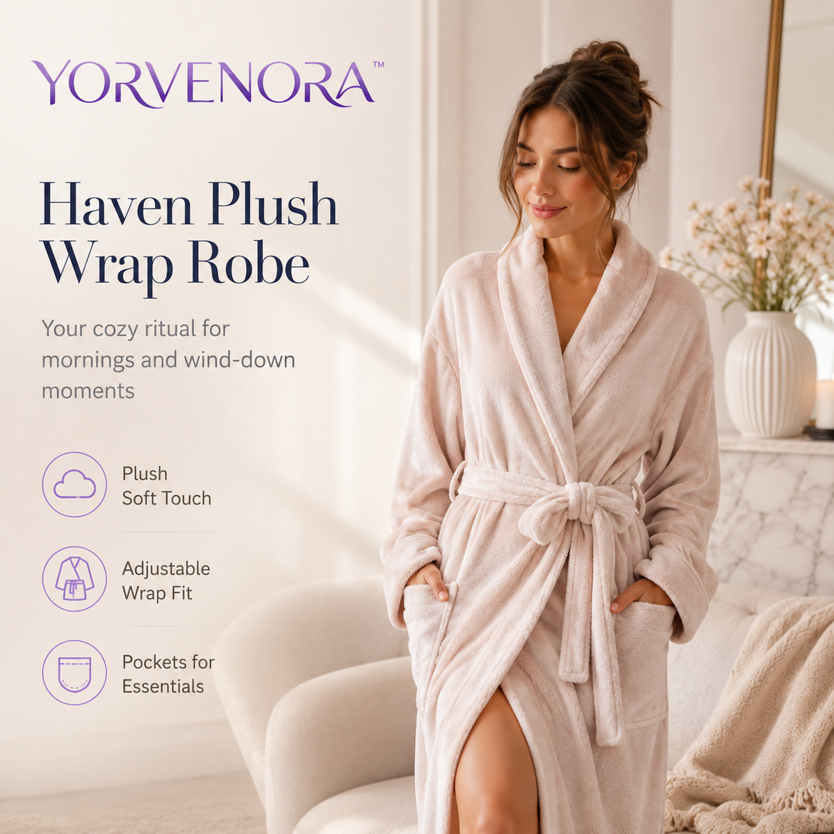 YORVENORA™ Haven Plush Wrap Robe — Women’s Soft Cozy Bathrobe, Long Lounge Robe with Waist Tie