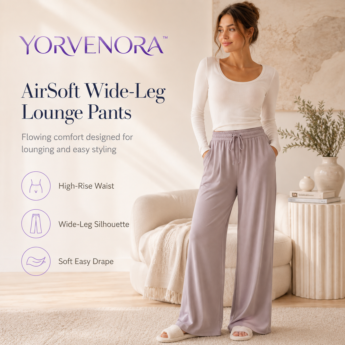 YORVENORA™ AirSoft Wide-Leg Lounge Pants — Women’s High-Waist Relaxed Sleep & Casual Pants