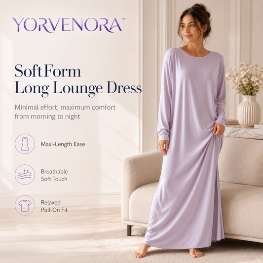 YORVENORA™ SoftForm Long Lounge Dress — Women’s Relaxed Maxi Sleep Dress & Everyday Home Dress