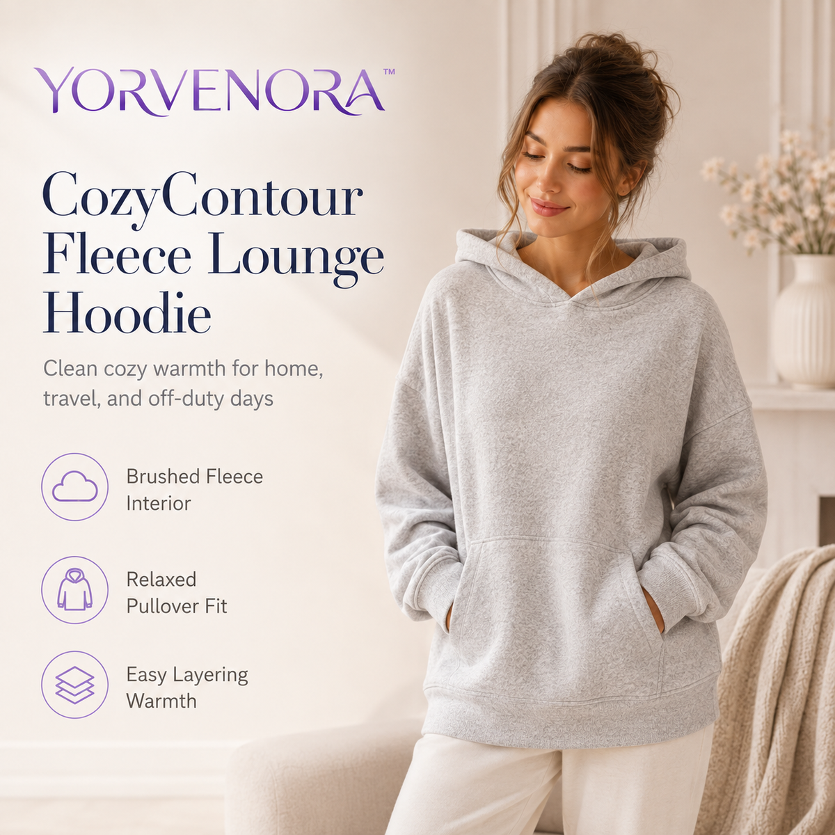 YORVENORA™ CozyContour Fleece Lounge Hoodie — Women’s Relaxed Pullover Sweatshirt for Home & Travel